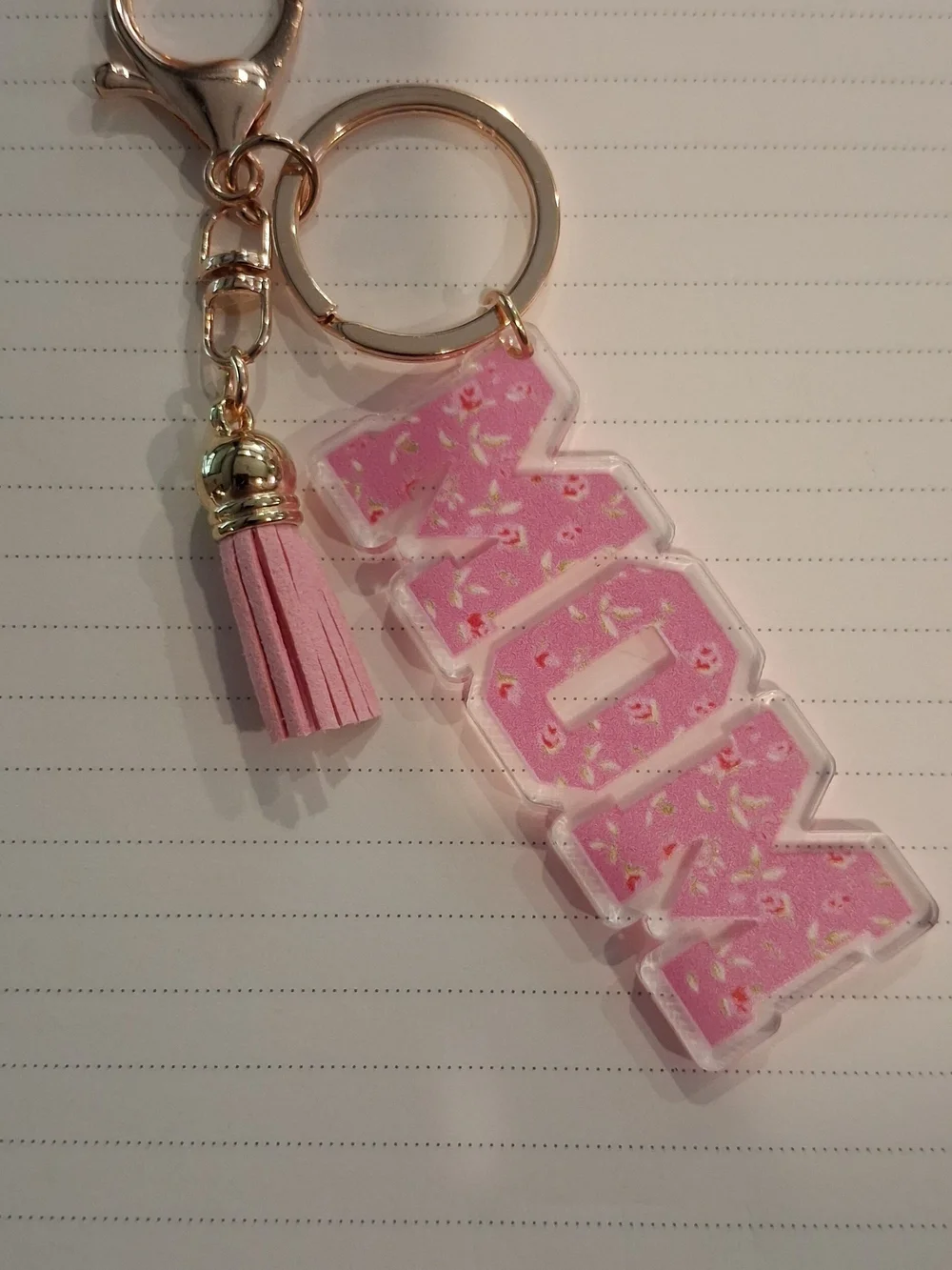 Pink 'MOM' Acrylic Keychain with Tassel